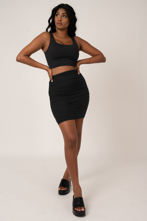 Black Body Contouring - Mesh Ruched Mini Skirt