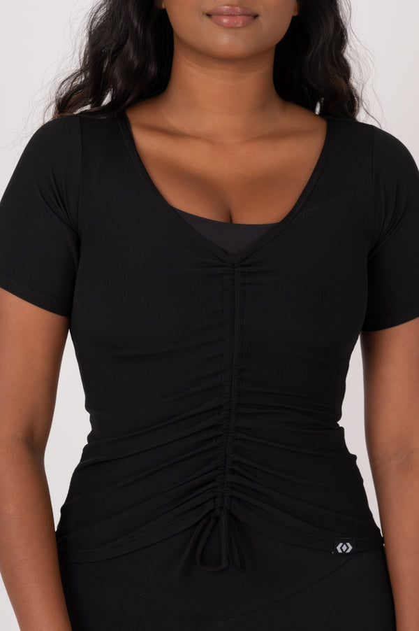 Black Rib Knit - Cinched Front Fitted V Neck Tee