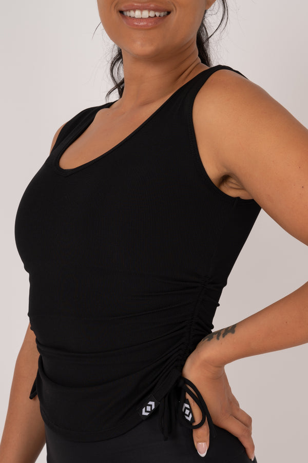 Black Rib Knit - Cinched Side Fitted V Neck Tank