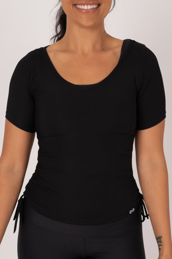 Black Rib Knit - Cinched Side Fitted V Neck Tee