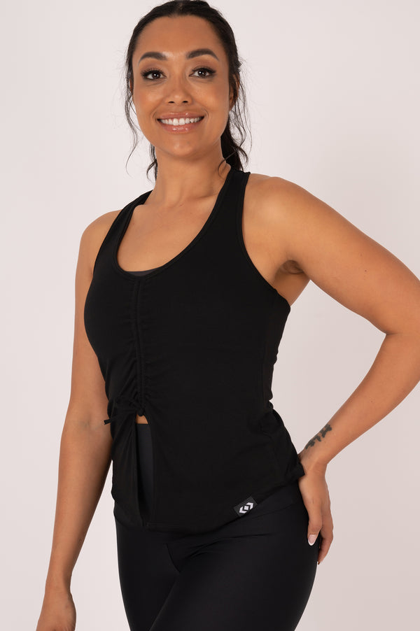 Black Slinky To Touch - Racer Back Tank Top W/ Cinched Front