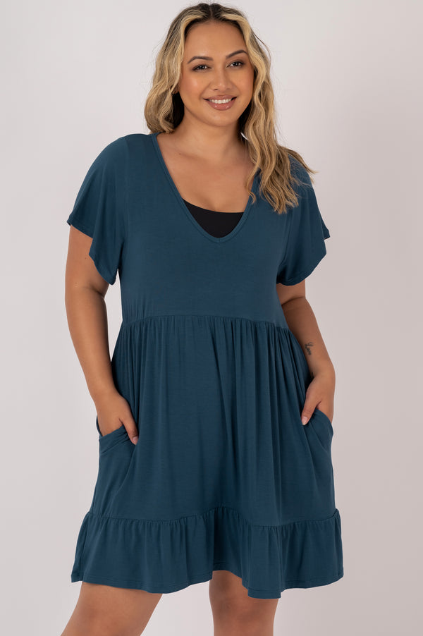 Dark Teal Slinky To Touch - Baby Doll V Neck Tiered Mini Dress
