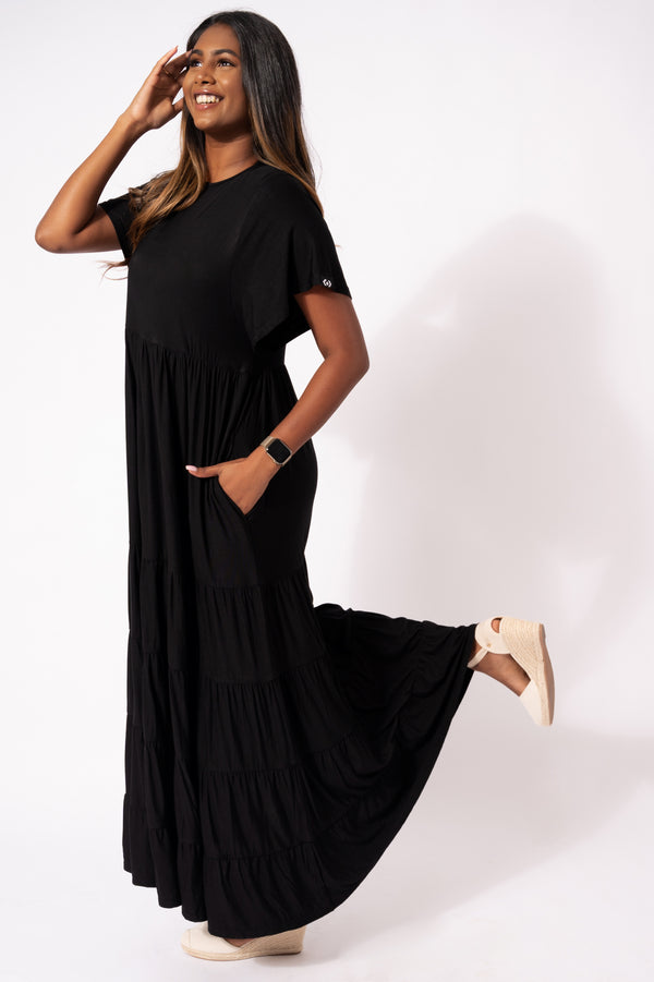 Black Slinky To Touch - Baby Doll Tiered Maxi Dress
