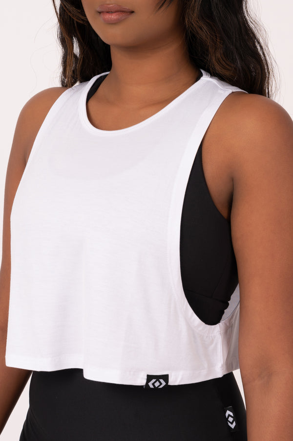 White Slinky To Touch - Cropped Drop Arm Muscle Tank