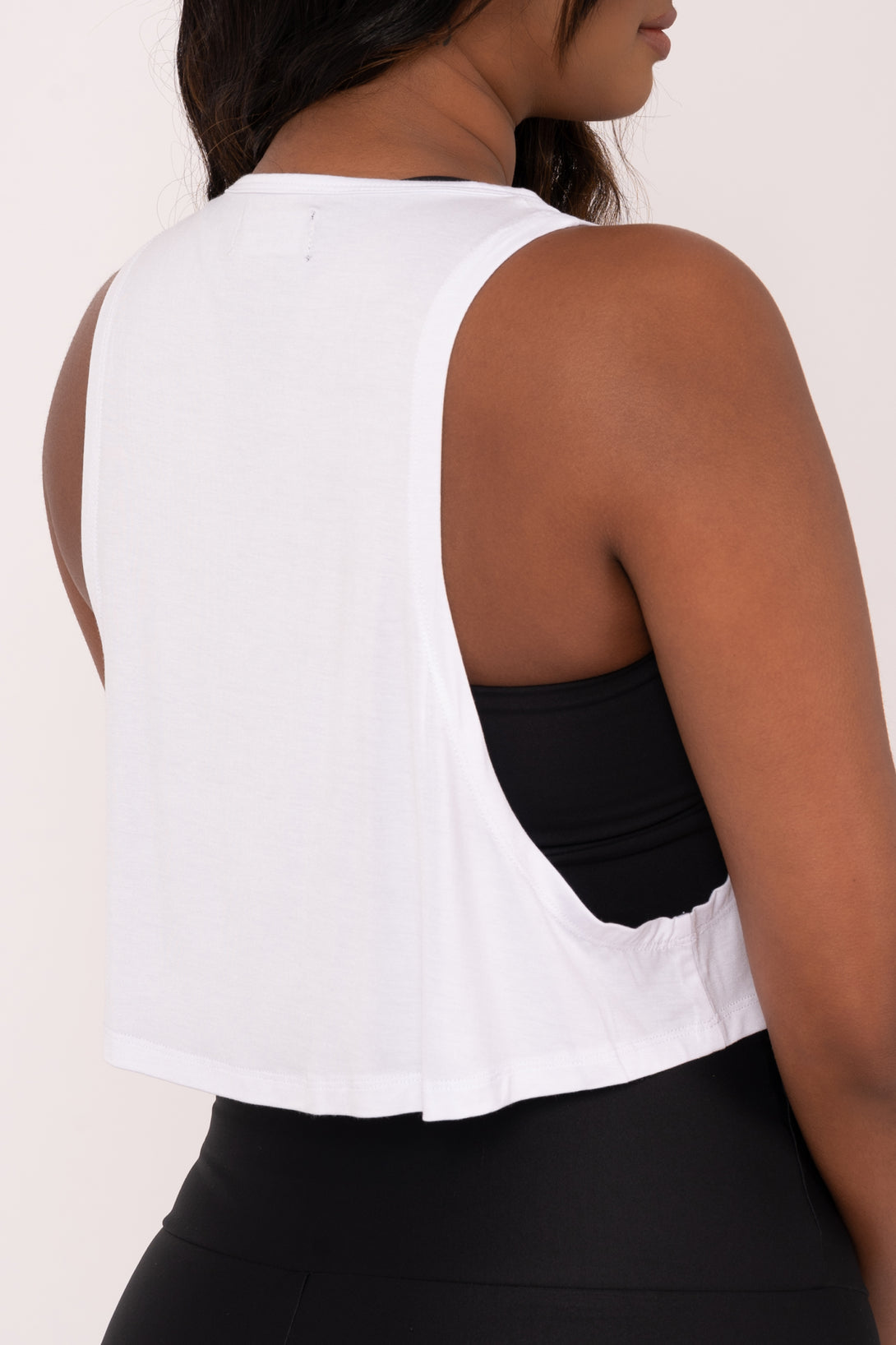 White Slinky To Touch - Cropped Drop Arm Muscle Tank - Exoticathletica